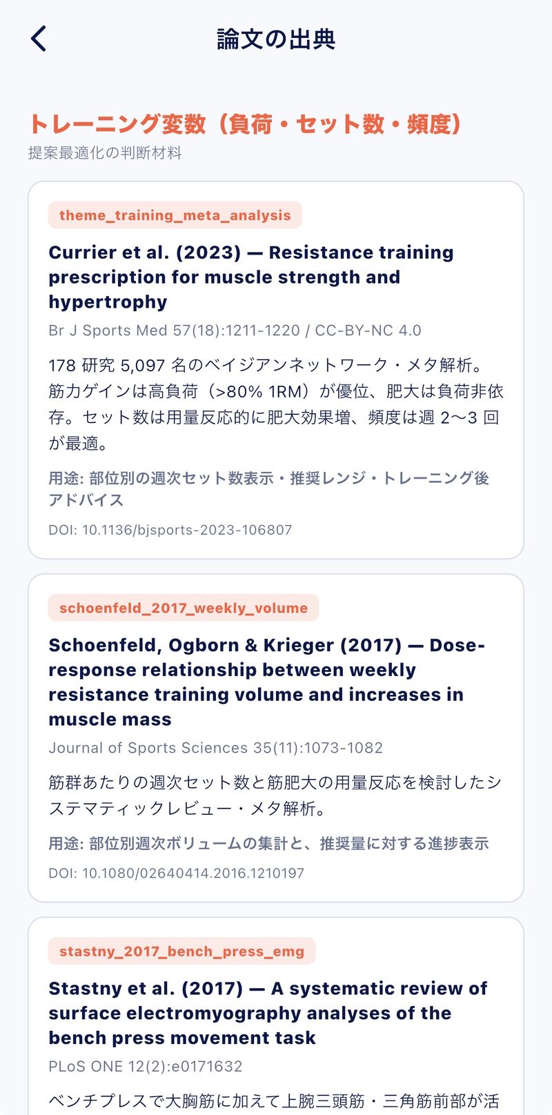 Muscle Mateの論文の出典画面。Currier et al.(2023)、Schoenfeld et al.(2017)などの参照論文がDOIつきで並ぶ
